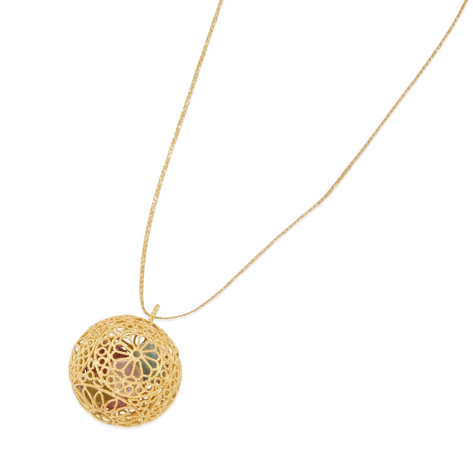 PIPPA SMALL: 18K GOLD, GEMSTONE AND FABRIC PENDANT NECKLACE: PIPPA SMALL: 18K GOLD, GEMSTONE AND FABRIC PENDANT NECKLACE • 18k yellow gold • 1 round gold sphere encapsulating 5 tumbled gemstones • Signed PS • Length 32 1/2 •