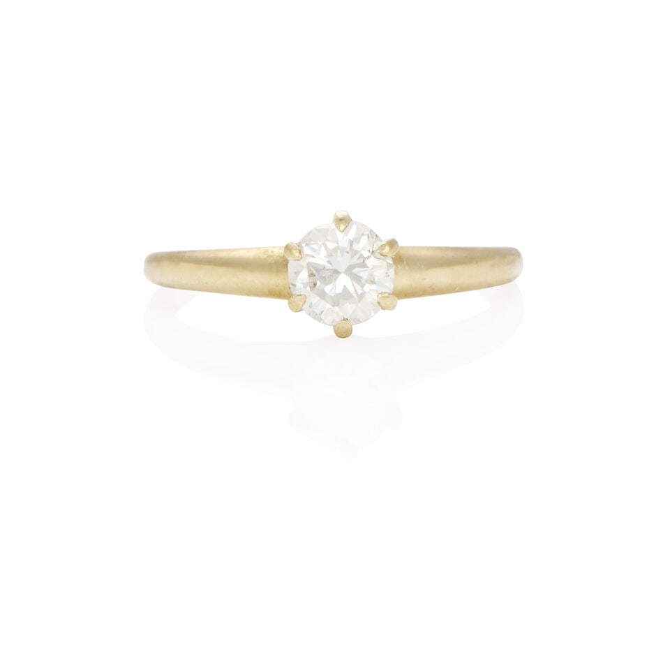 14K GOLD AND DIAMOND RING: 14K GOLD AND DIAMOND RING • 14k yellow gold • 1 round diamond weighing approximately 0.50 - 0.60 carat total • Personal inscription inside shank • Size 6 • Estimated