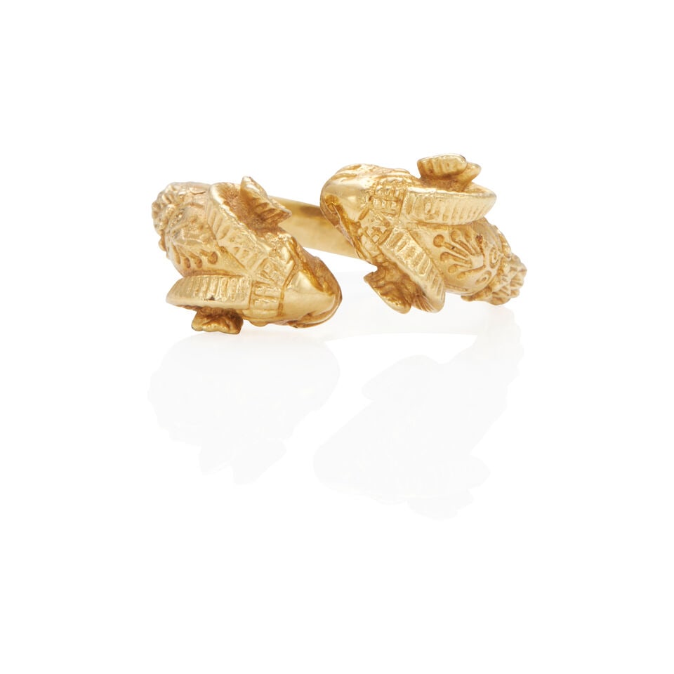 18K GOLD RAM RING: 18K GOLD RAM RING • 18k yellow gold • Size 7 1/4 • Estimated gross weight: 4.6 grams Footnotes: Overall condition, very good Metal stamped and tested for 18k gold Superficial wear