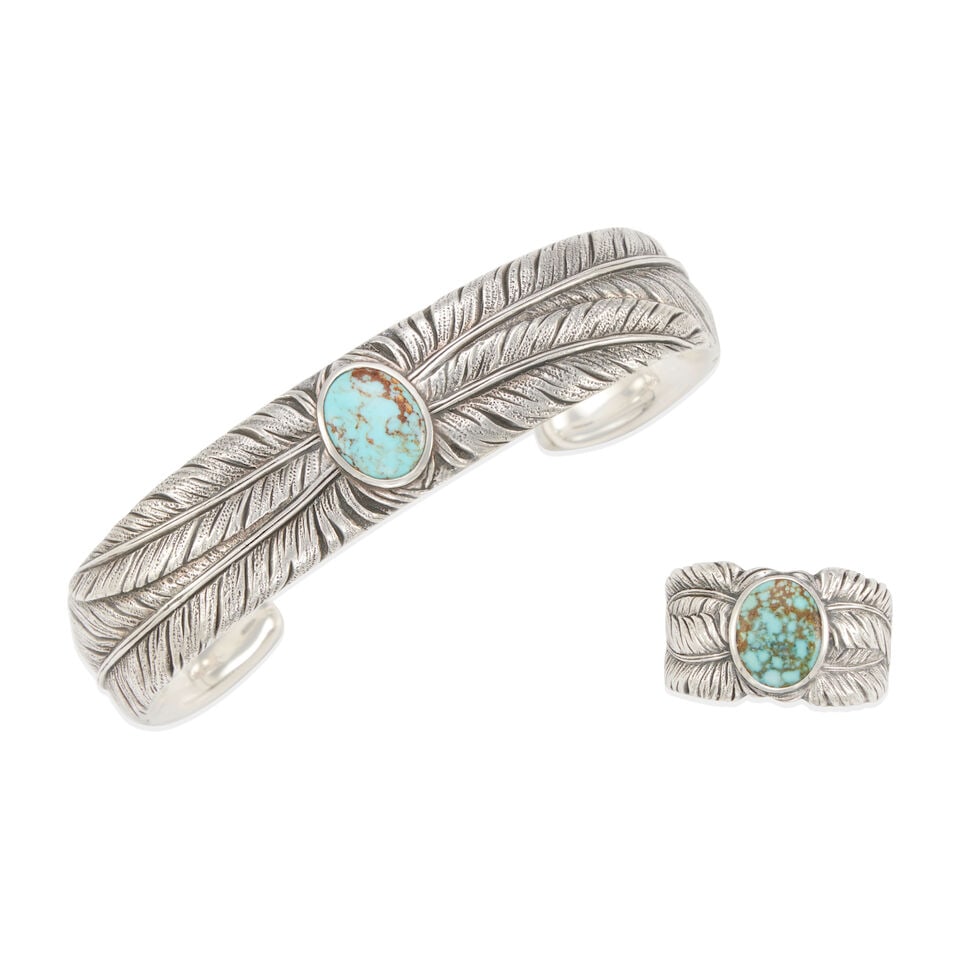 DAVID YURMAN: STERLING SILVER AND TURQUOISE BRACELET AND RING SET (1 of 2)