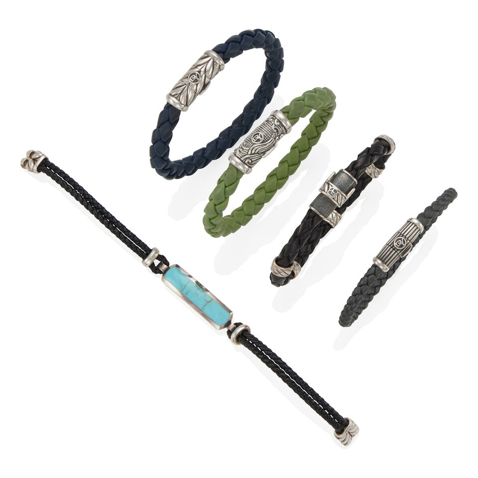 DAVID YURMAN: FIVE FABRIC, LEATHER, RUBBER, STERLING SILVER, AND TURQUOISE BRACELETS: DAVID YURMAN: FIVE FABRIC, LEATHER, RUBBER, STERLING SILVER, AND TURQUOISE BRACELETS • Sterling silver concealed magnetic clasp with braided green fabric, length 7 ½ in • Sterling