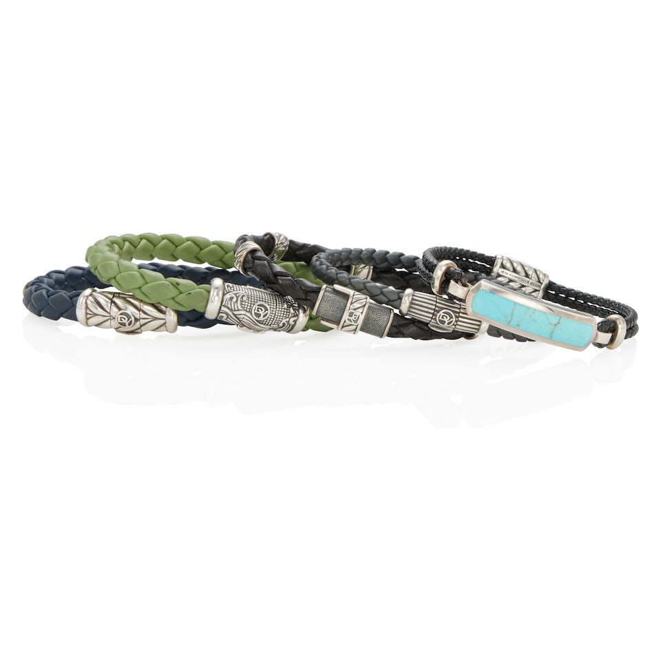 DAVID YURMAN: FIVE FABRIC, LEATHER, RUBBER, STERLING SILVER, AND TURQUOISE BRACELETS - 2