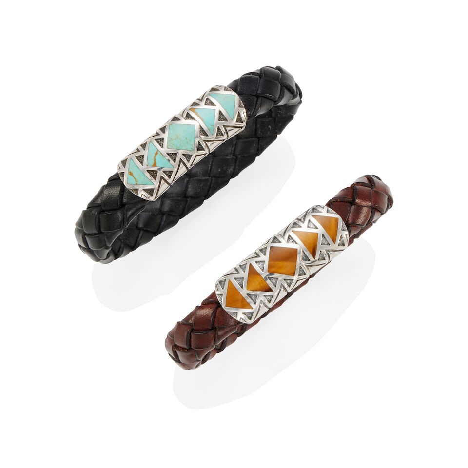 DAVID YURMAN: TWO STERLING SILVER, HARDSTONE, AND LEATHER BRACELETS: DAVID YURMAN: TWO STERLING SILVER, HARDSTONE, AND LEATHER BRACELETS • Black braided leather bracelet with sterling silver insert, with 5 triangle and square shape tablet turquoises,