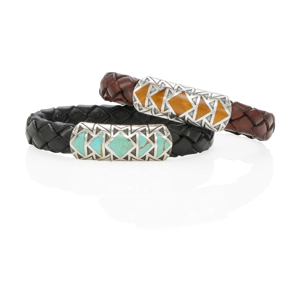 DAVID YURMAN: TWO STERLING SILVER, HARDSTONE, AND LEATHER BRACELETS - 2