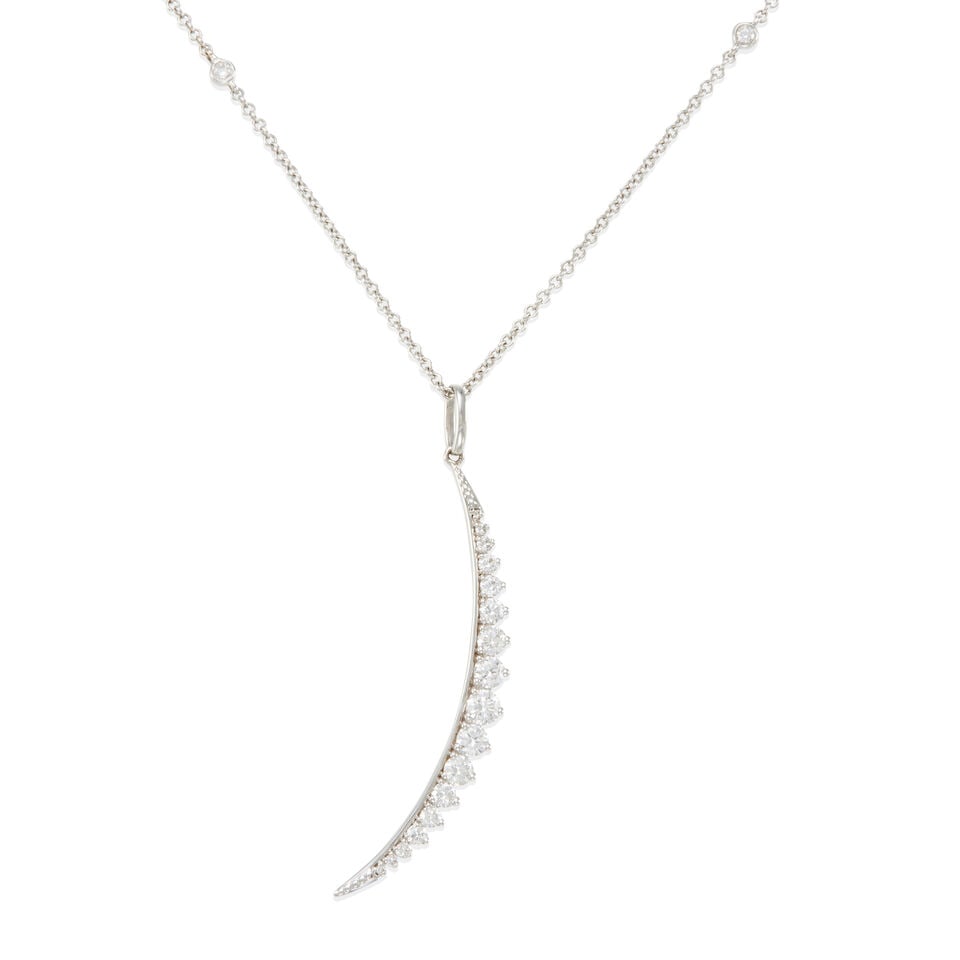 18K GOLD AND DIAMOND PENDANT AND NECKLACE: 18K GOLD AND DIAMOND PENDANT AND NECKLACE • 18k white gold • 17 round diamonds stated to weigh 0.67 carat total • Length 18 1/4 in. • Estimated gross weight: 4.0