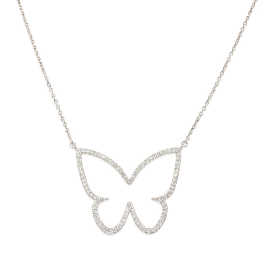 18K GOLD AND DIAMOND BUTTERFLY NECKLACE: 18K GOLD AND DIAMOND BUTTERFLY NECKLACE • 18k white gold • Numerous round diamonds weighing approximately 0.40 - 0.50 carat total • Length 18 in. • Estimated gross weight: 4.7