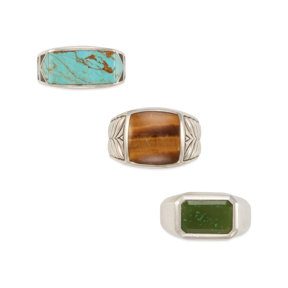 DAVID YURMAN: THREE STERLING SILVER AND HARDSTONE RINGS: DAVID YURMAN: THREE STERLING SILVER AND HARDSTONE RINGS • Sterling silver ring with one square cushion shape cabochon tiger's eye measuring 16.30 x 15.15 mm in diameter, Size: 11 ½ •
