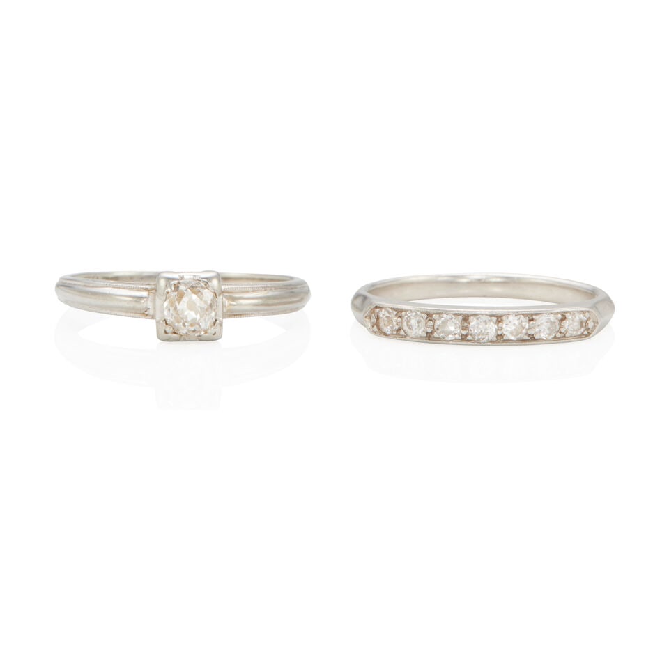 TWO RINGS: TWO RINGS • One ring of 18k white gold with 1 old mine cut diamond weighing approximately 0.20 - 0.30 carat, partial makers mark, size 6 3/4 • One ring of platinum with 7 round diamonds
