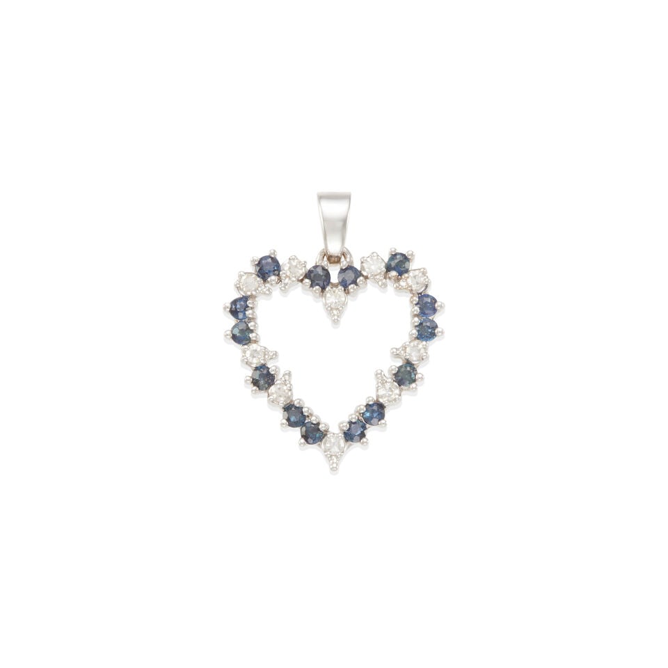 14K GOLD, DIAMOND AND SAPPHIRE PENDANT: 14K GOLD, DIAMOND AND SAPPHIRE PENDANT • 14k white gold • 10 round single-cut diamonds weighing approximately 0.25 - 0.35 carat total • 14 round sapphires weighing approximately