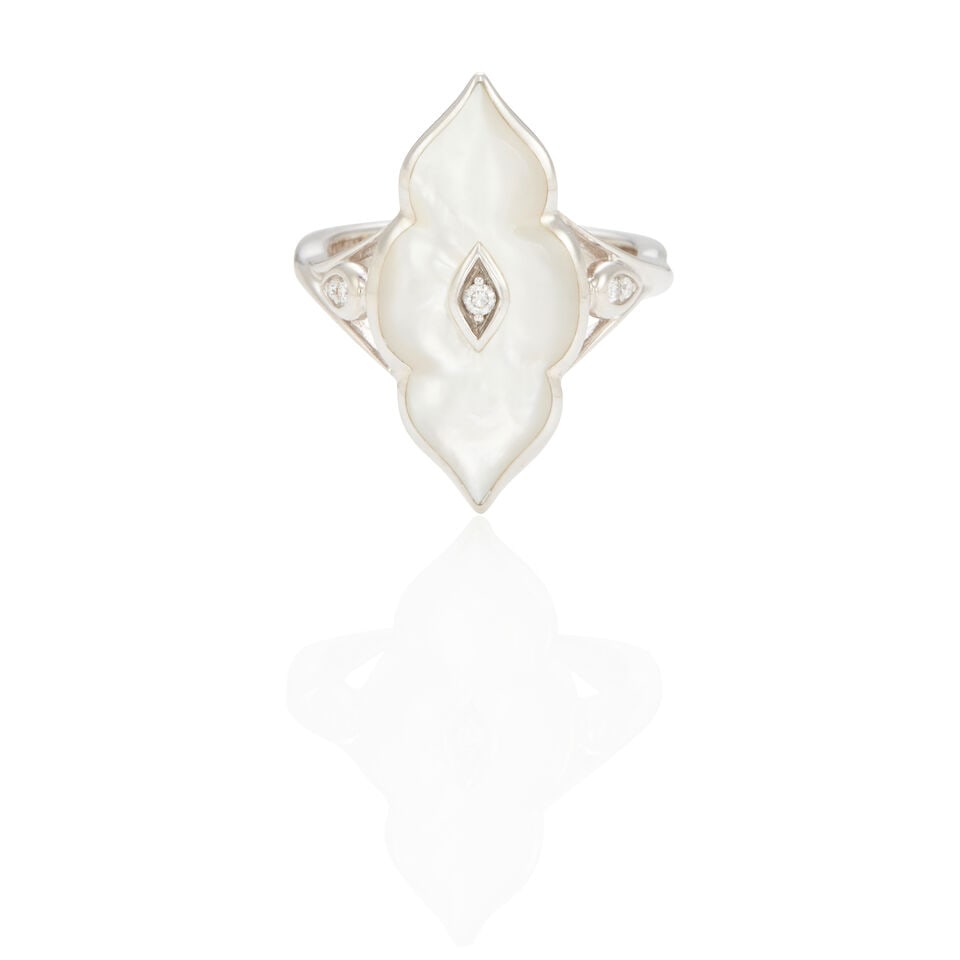 KABANA: 14K GOLD, MOTHER OF PEARL AND DIAMOND RING: KABANA: 14K GOLD, MOTHER OF PEARL AND DIAMOND RING • 14k white gold • 1 carved mother of pearl • 5 round diamonds weighing approximately 0.03 - 0.07 carat total • Signed