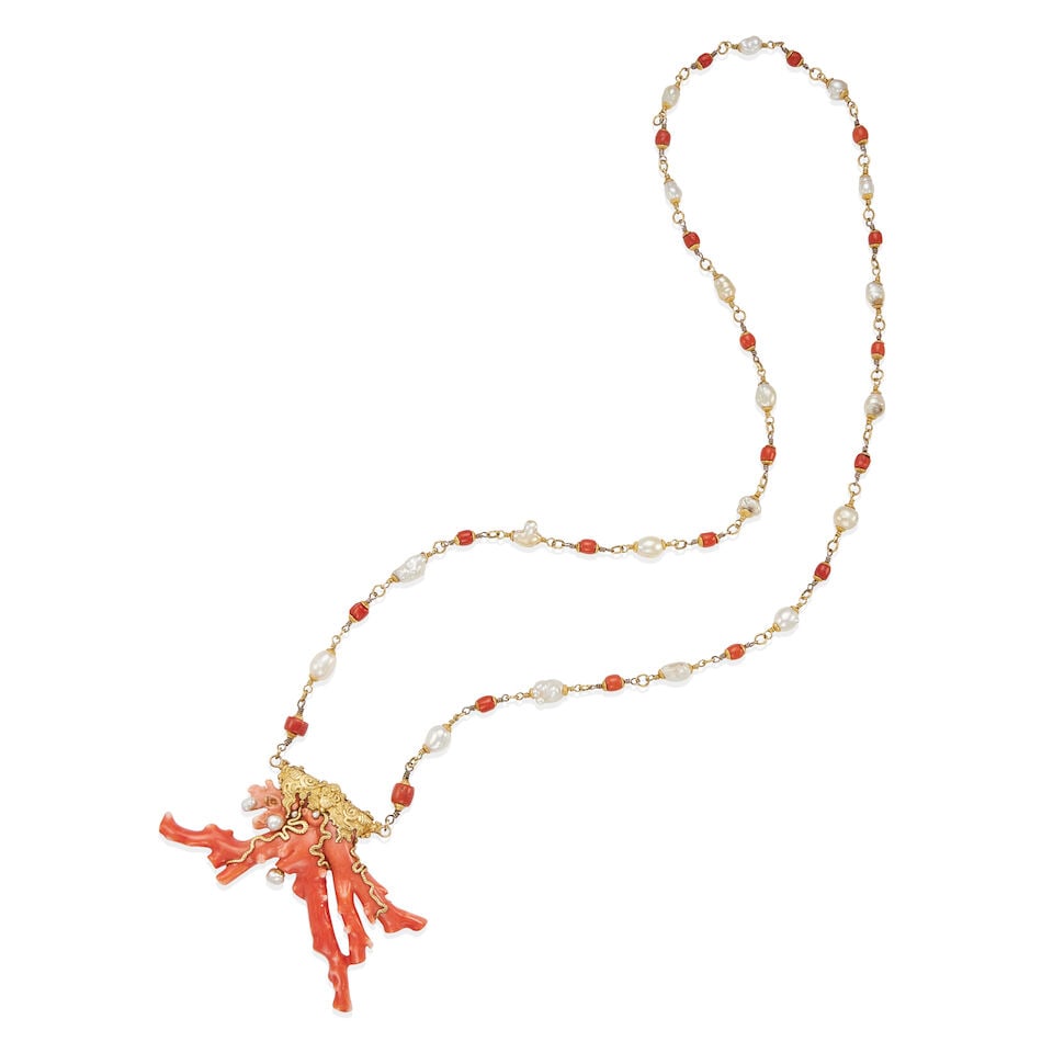 18K GOLD, GOLD-PLATED, CORAL AND CULTURED PEARL PENDANT NECKLACE: 18K GOLD, GOLD-PLATED, CORAL AND CULTURED PEARL PENDANT NECKLACE • 18k yellow gold, yellow gold-plated silver • Coral cluster pendant measures 3 5/8 in x 1 1/16 in diameter • 20