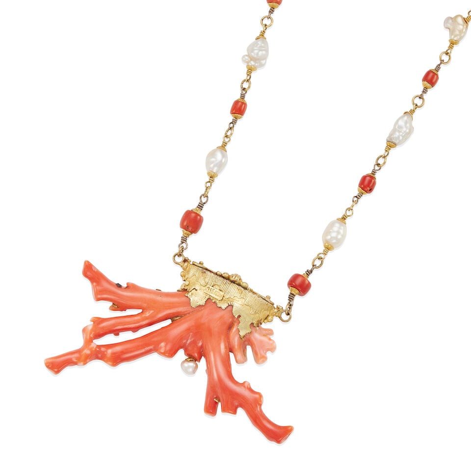 18K GOLD, GOLD-PLATED, CORAL AND CULTURED PEARL PENDANT NECKLACE - 2