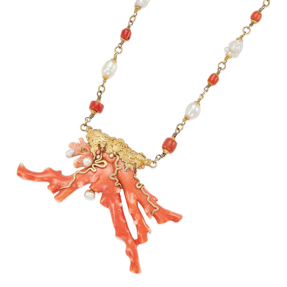 18K GOLD, GOLD-PLATED, CORAL AND CULTURED PEARL PENDANT NECKLACE - 3