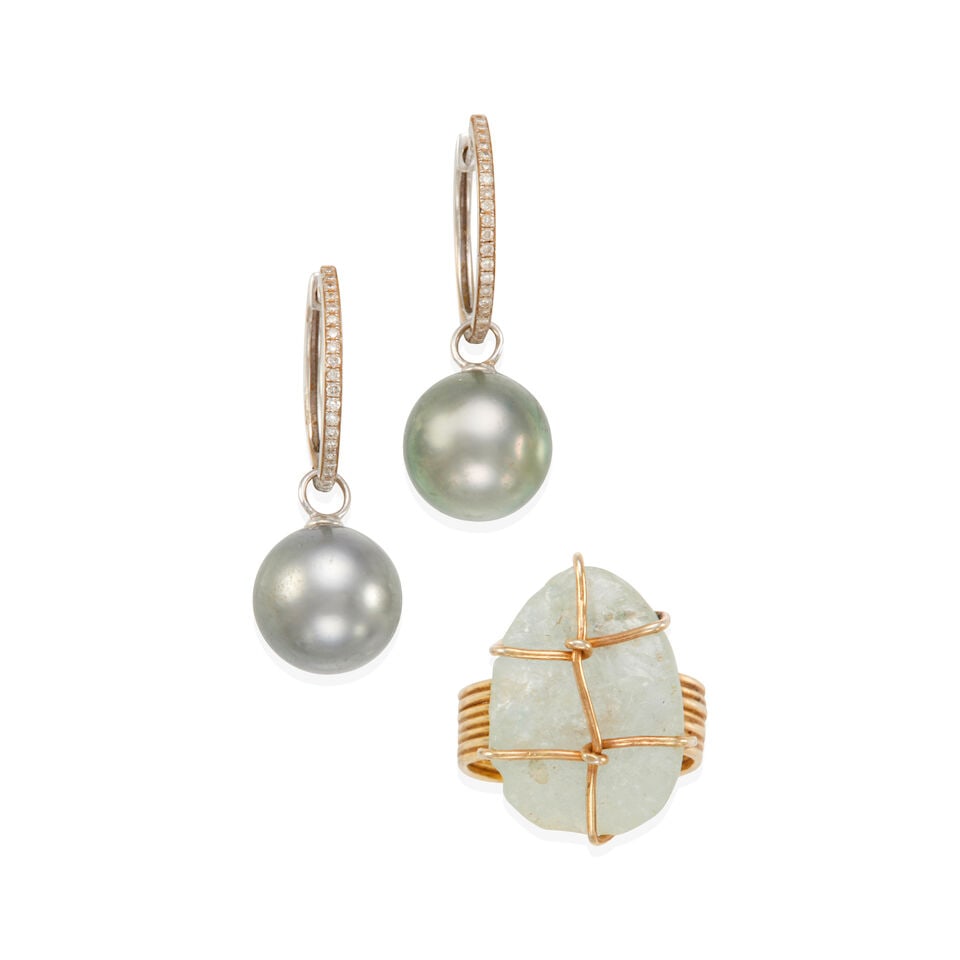 14K WHITE GOLD, GOLD-PLATED DIAMOND, CULTURED PEARL, AND BLUE STONE EARRINGS AND RING: 14K WHITE GOLD, GOLD-PLATED DIAMOND, CULTURED PEARL, AND BLUE STONE EARRINGS AND RING • Pair of 14k white gold hinged hoop earrings with numerous round diamonds weighing approximately 0.20 -