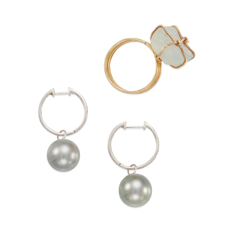 14K WHITE GOLD, GOLD-PLATED DIAMOND, CULTURED PEARL, AND BLUE STONE EARRINGS AND RING - 2