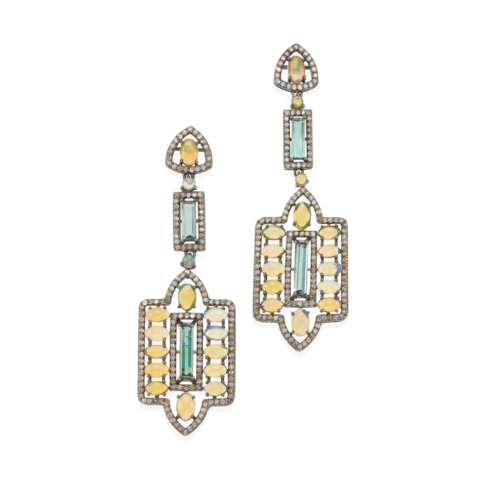 SILVER, OPAL, TOURMALINE, AND DIAMOND EAR PENDANTS: SILVER, OPAL, TOURMALINE, AND DIAMOND EAR PENDANTS • Silver • Numerous oval and round cabochon opals measuring from 2.90 mm in diameter for round opals to 5.85 x 3.80 x 2.10 mm for oval