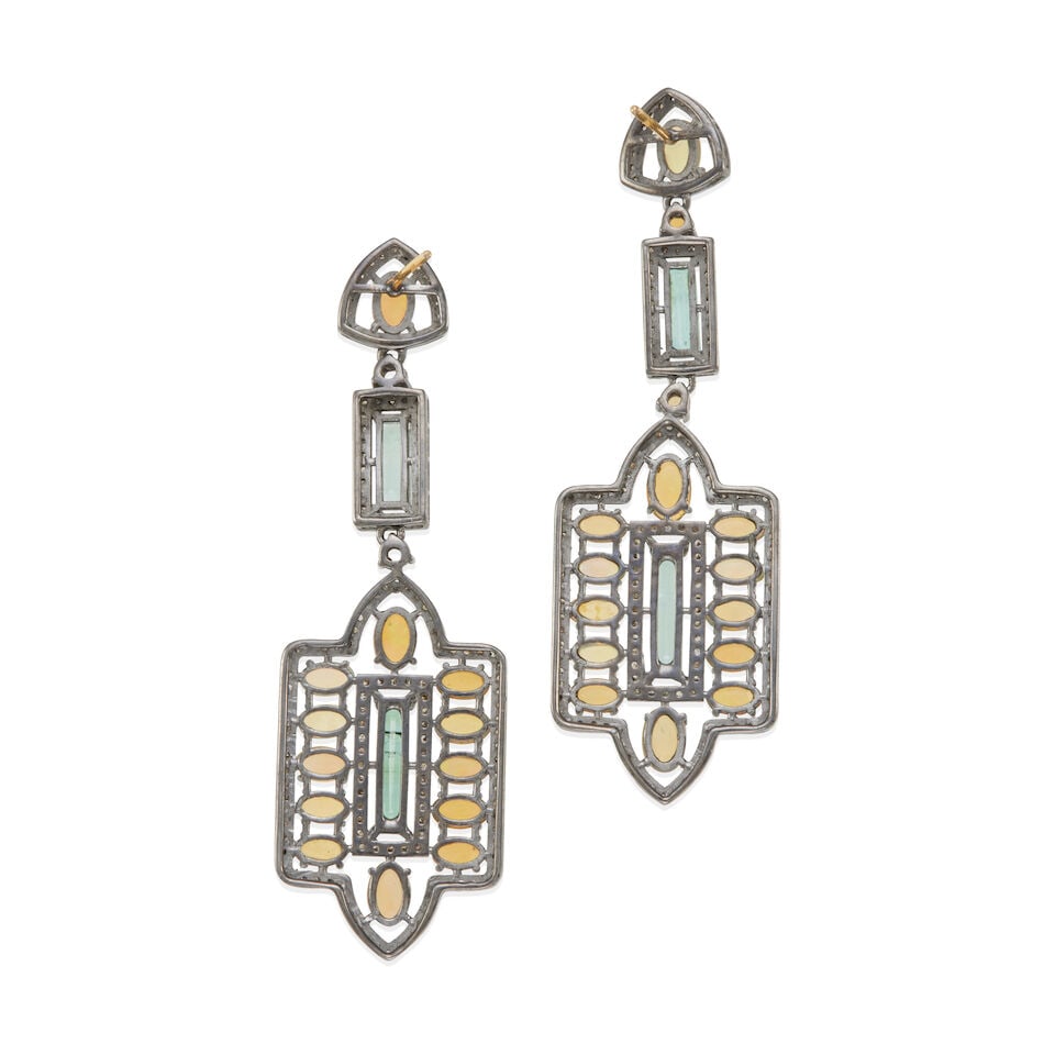 SILVER, OPAL, TOURMALINE, AND DIAMOND EAR PENDANTS - 2