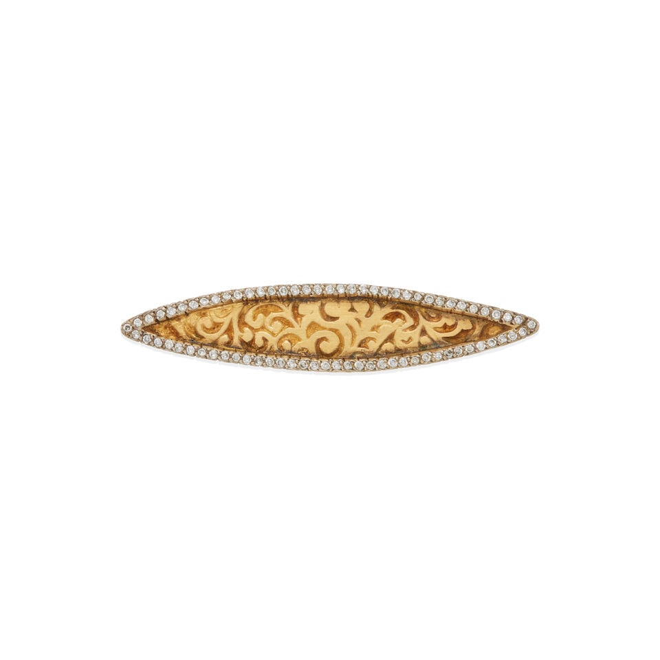 18K GOLD, SILVER, AND DIAMOND NAVETTE BROOCH: 18K GOLD, SILVER, AND DIAMOND NAVETTE BROOCH • 18k yellow gold with silver-topped settings • Numerous round diamonds weighing approximately 0.35 - 0.40 carats total • Chatelaine