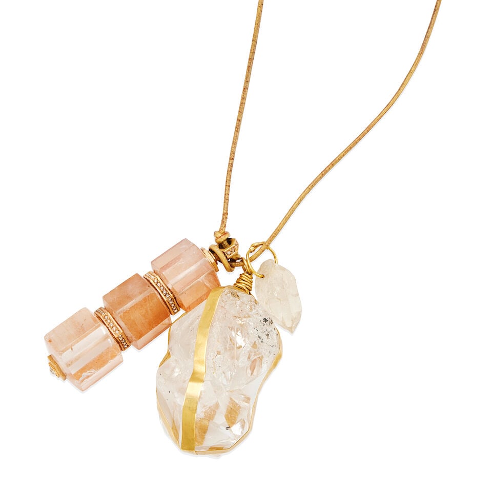 PIPPA SMALL: GOLD AND QUARTZ THREE PENDANT NECKLACE WITH LEATHER CORD: PIPPA SMALL: GOLD AND QUARTZ THREE PENDANT NECKLACE WITH LEATHER CORD • 18k and 14k yellow gold • 1 rock crystal quartz crystal and 1 rock crystal quartz bead measuring 49.90 x 34.40 x