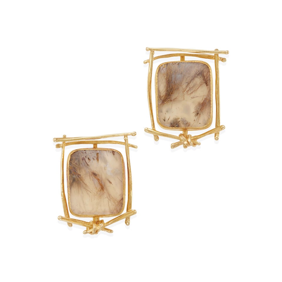 CAROLYN MORRIS BACH: 18K GOLD AND RUTILATED QUARTZ EARRINGS: CAROLYN MORRIS BACH: 18K GOLD AND RUTILATED QUARTZ EARRINGS • 18k yellow gold • 2 cushion shape cabochon rutilated quartzes, measuring 19.30 x 15.60 mm and 18.75 x 15.68 mm each in diamete