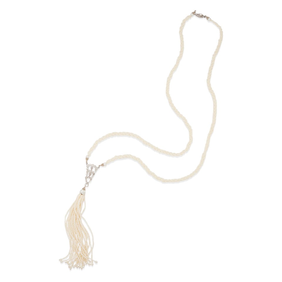 14K WHITE GOLD, DIAMOND, CULTURED PEARL, AND SEED PEARL TASSEL NECKLACE: 14K WHITE GOLD, DIAMOND, CULTURED PEARL, AND SEED PEARL TASSEL NECKLACE • 14k white gold • 16 round diamonds weighing approximately 0.10 - 0.15 carats total • 6 cultured pearls