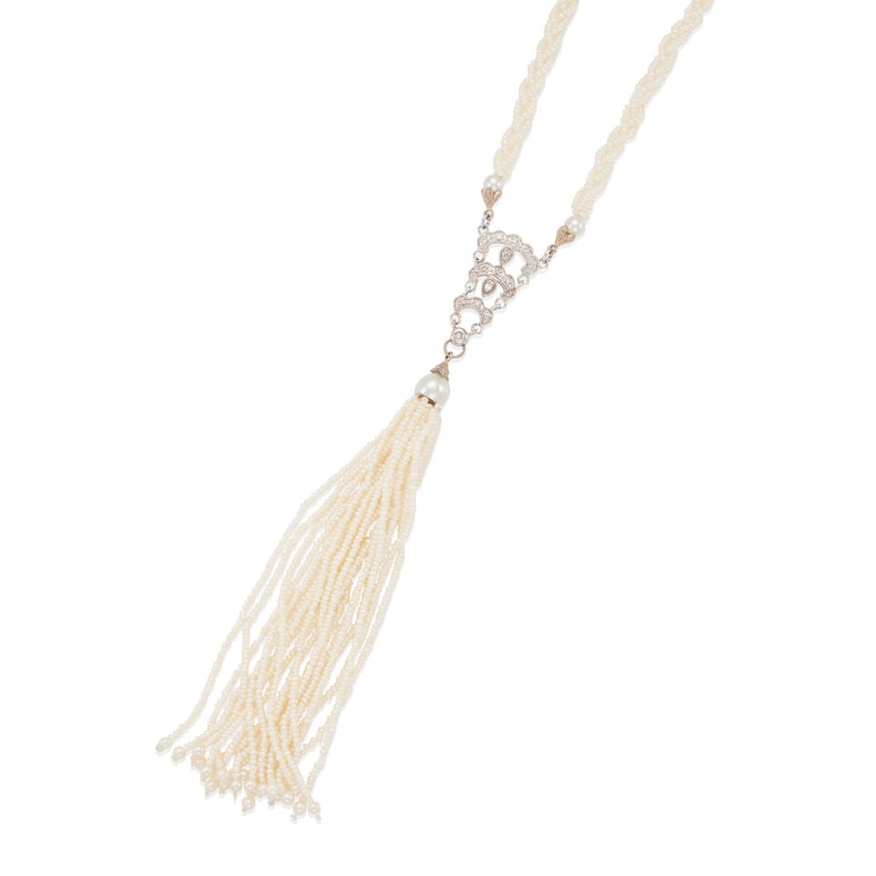 14K WHITE GOLD, DIAMOND, CULTURED PEARL, AND SEED PEARL TASSEL NECKLACE - 2