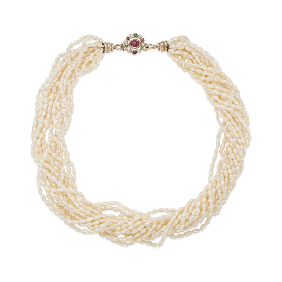 14K WHITE GOLD, CULTURED PEARL, AND MULTI-GEM MULTI-STRAND NECKLACE: 14K WHITE GOLD, CULTURED PEARL, AND MULTI-GEM MULTI-STRAND NECKLACE • 14k white gold • 15 uniform strands of numerous cultured pearls measuring approximately 7.20 x 3.50 mm each in