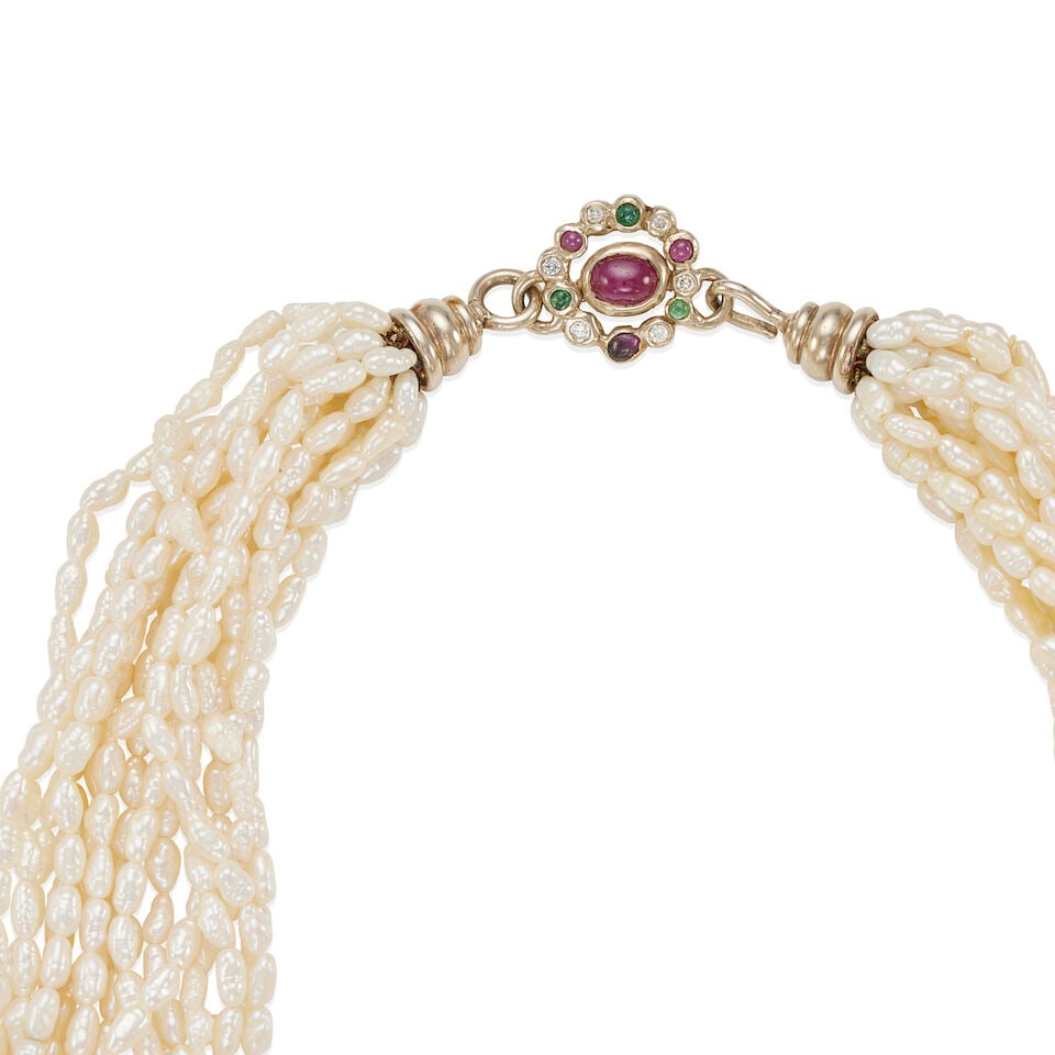 14K WHITE GOLD, CULTURED PEARL, AND MULTI-GEM MULTI-STRAND NECKLACE - 2