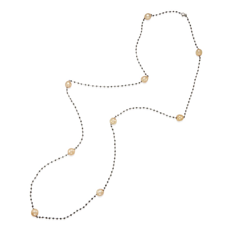 18K OXIDIZED BLACK GOLD, CULTURED PEARL, AND DIAMOND STATION NECKLACE: 18K OXIDIZED BLACK GOLD, CULTURED PEARL, AND DIAMOND STATION NECKLACE • 18k oxidized black gold • 9 semi-spherical drilled cultured pearls measuring from 11.35 mm to 12.30 mm each in