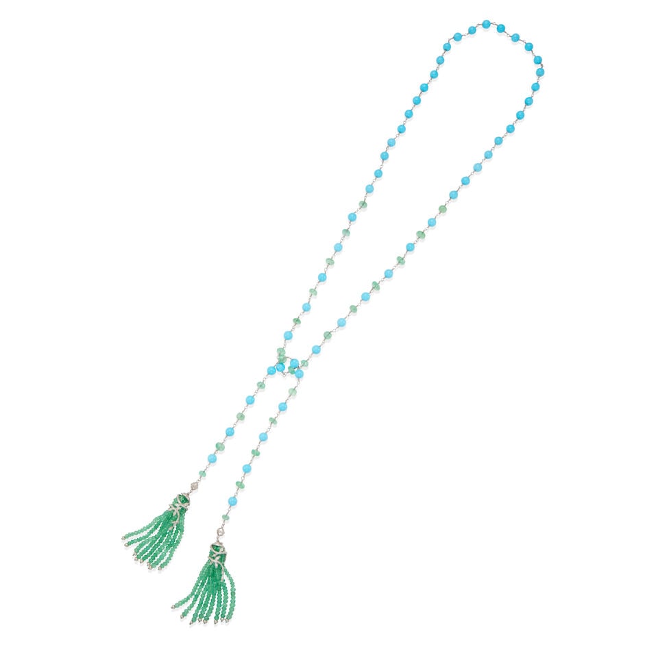 ATTRIBUTED TO CATHY WATERMAN PLATINUM, EMERALD, TURQOUISE, AND DIAMOND TASSEL NECKLACE: ATTRIBUTED TO CATHY WATERMAN PLATINUM, EMERALD, TURQOUISE, AND DIAMOND TASSEL NECKLACE • Platinum • Numerous spherical turquoise beads measuring 6.00 mm to 6.20 mm in diameter •