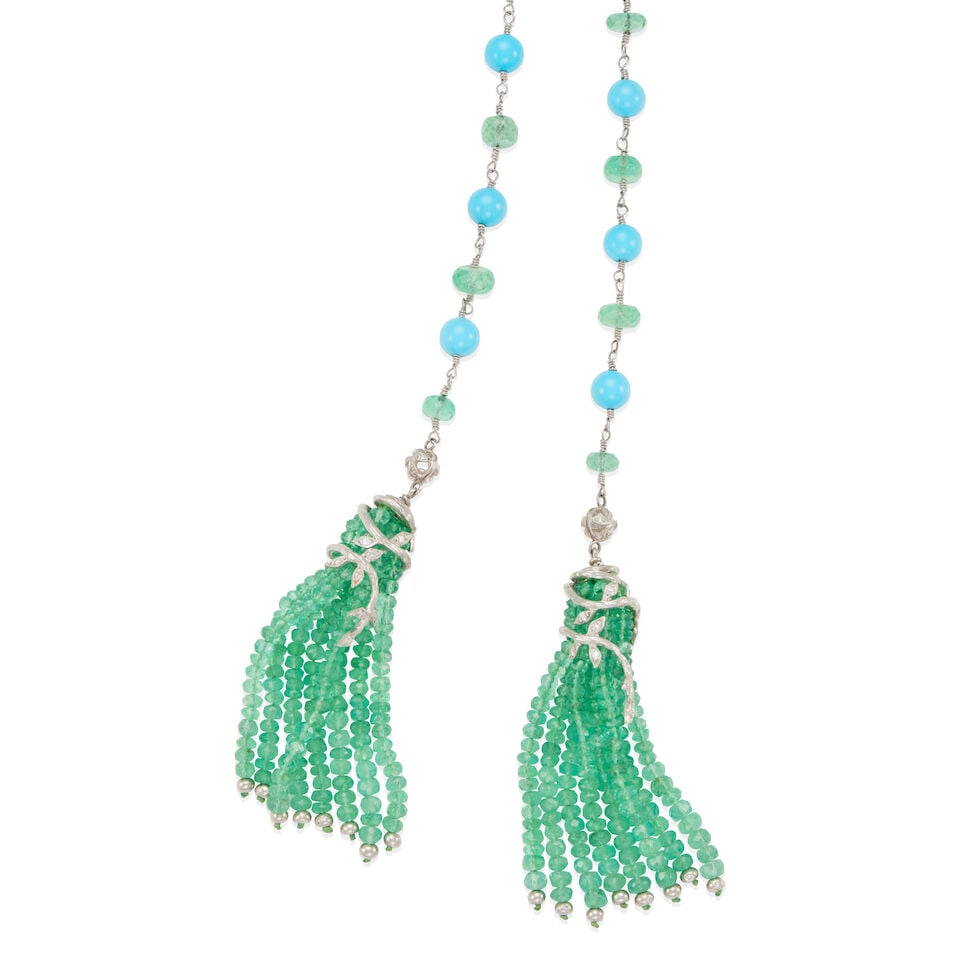 ATTRIBUTED TO CATHY WATERMAN PLATINUM, EMERALD, TURQOUISE, AND DIAMOND TASSEL NECKLACE - 2