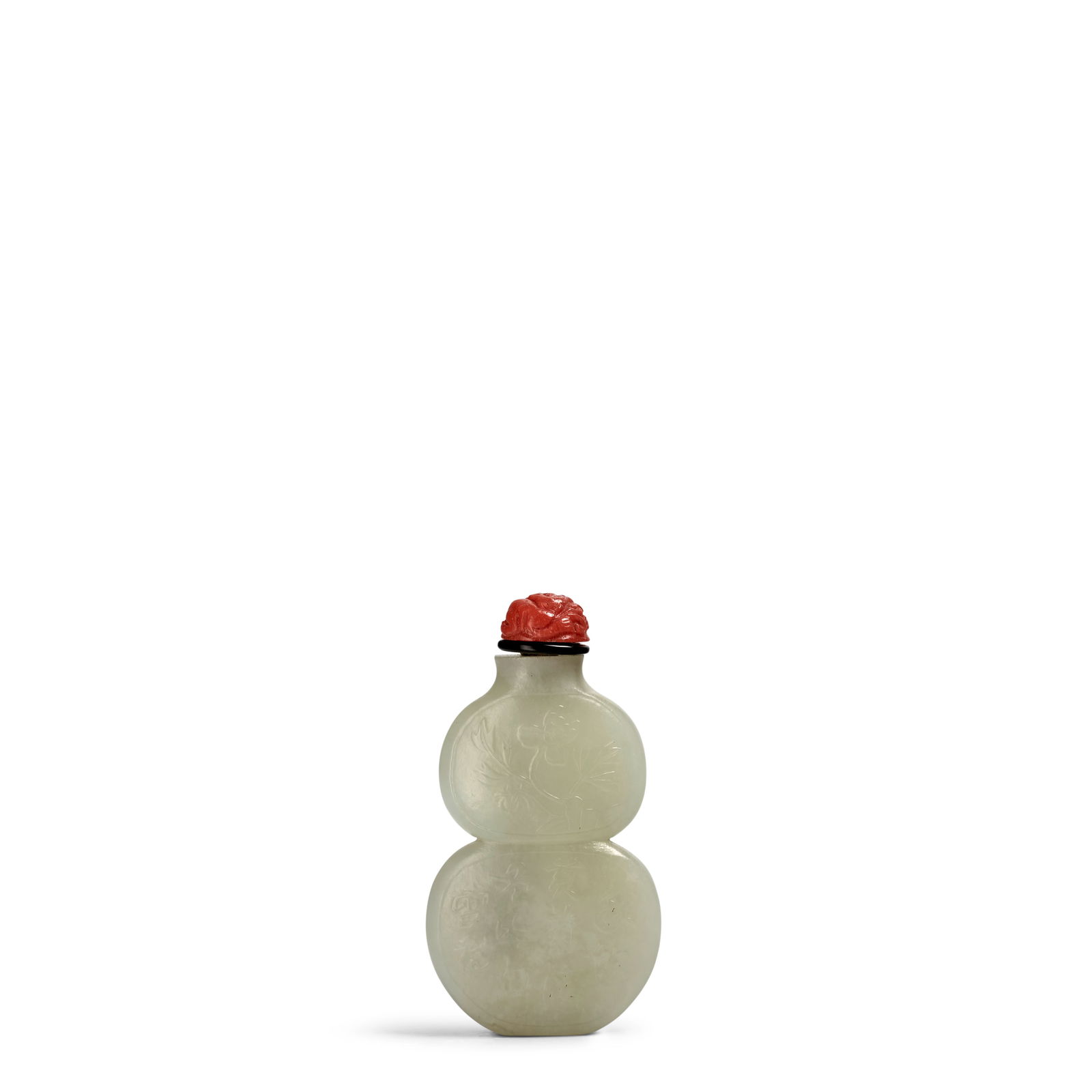 A WHITE JADE 'FLOWERS AND CALLIGRAPHY' GOURD-SHAPED SNUFF BOTTLE 1760-1840 (1 of 1)
