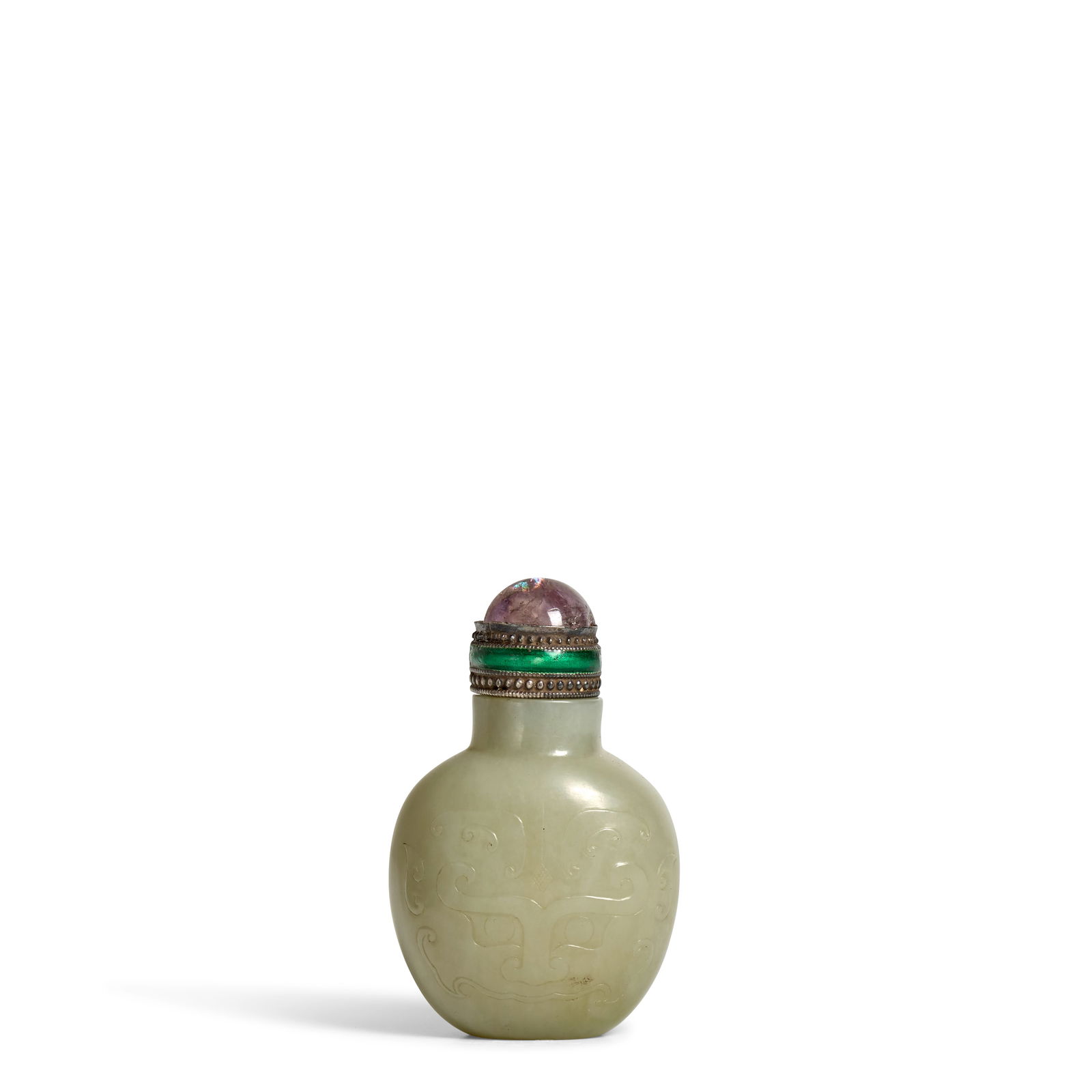 A PALE CELADON JADE SPADE-SHAPED 'TAOTIE-MASK' SNUFF BOTTLE 1790-1880 (1 of 1)