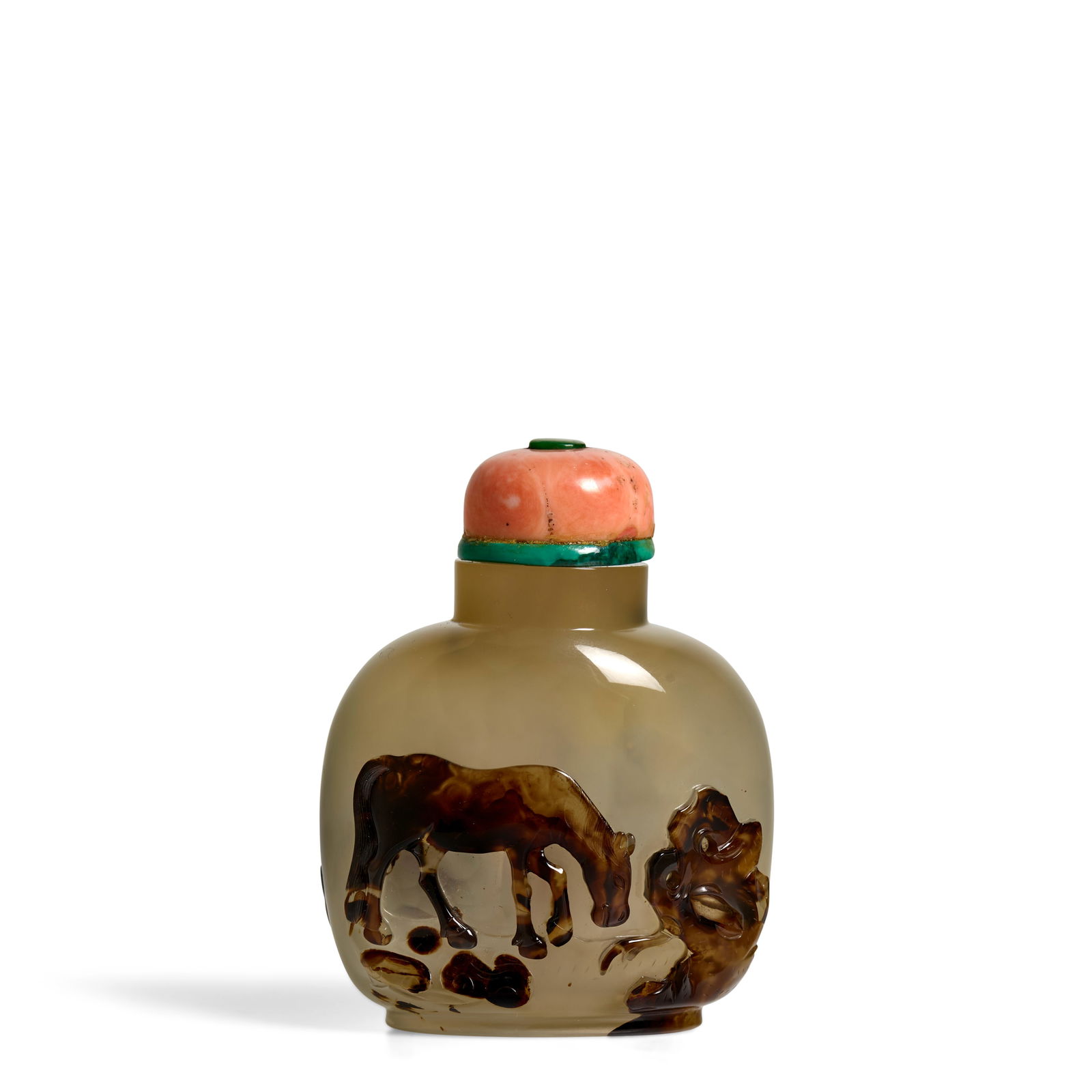A LARGE AGATE 'HORSE, ROCK, AND LI BAI WITH WINE' SNUFF BOTTLE 1740-1820, possibly School of Zhi... (1 of 1)
