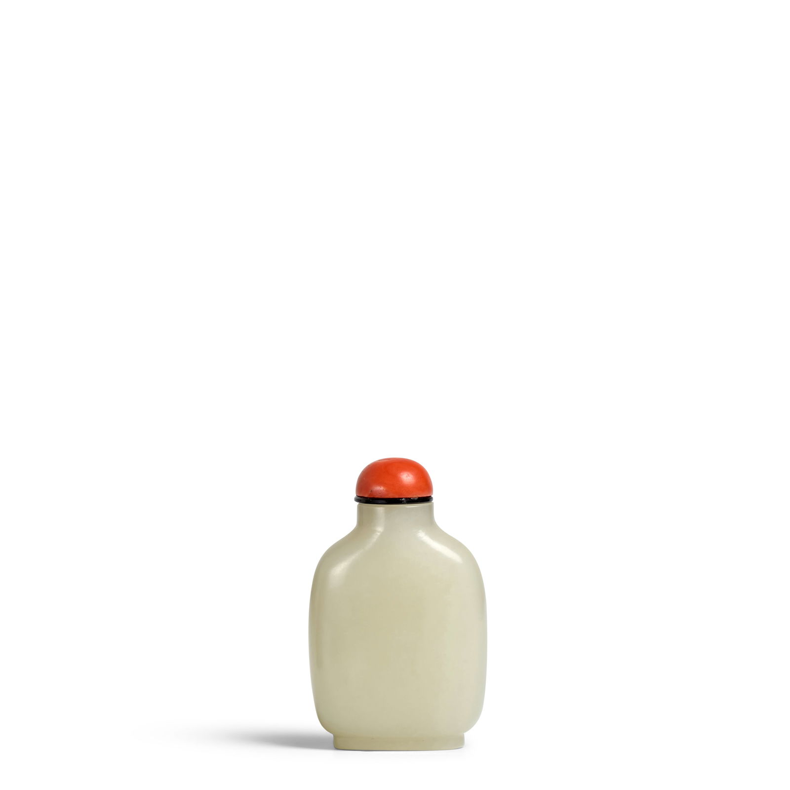 A ROUNDED RECTANGULAR WHITE JADE SNUFF BOTTLE 1770-1830, engraved horizontal four-character reg...: A ROUNDED RECTANGULAR WHITE JADE SNUFF BOTTLE1770-1830, engraved horizontal four-character regular-script Qianlong mark to the baseThe stone of even white color throughout and well hollowed through a