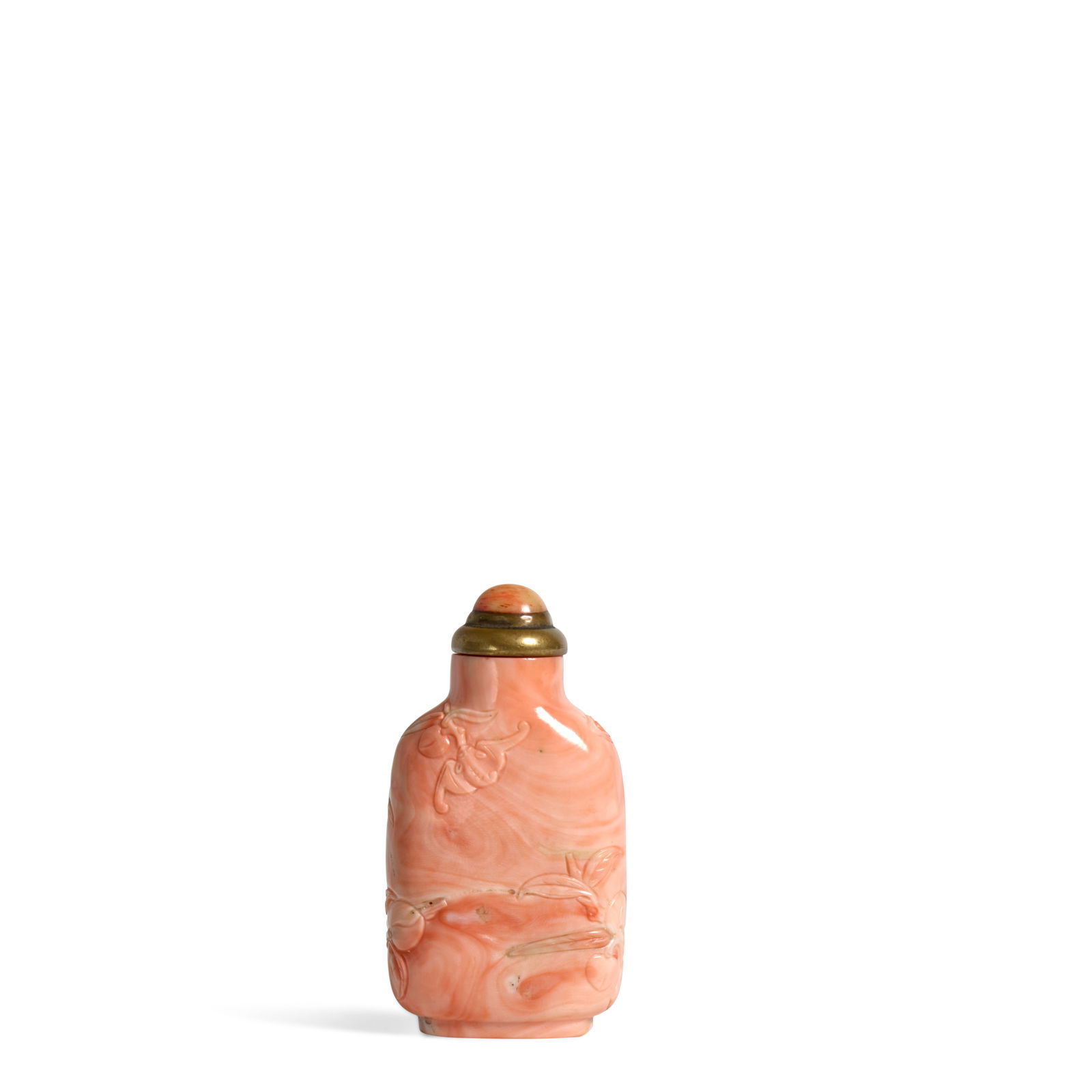 A PALE SALMON-PINK CORAL 'LONGEVITY AND VIRTUE' SNUFF BOTTLE 1750-1840: A PALE SALMON-PINK CORAL 'LONGEVITY AND VIRTUE' SNUFF BOTTLE 1750-1840 Of rounded rectangular shape, carved in low relief with peach sprays and a single bat to one side and a cymbidium orchid to the o