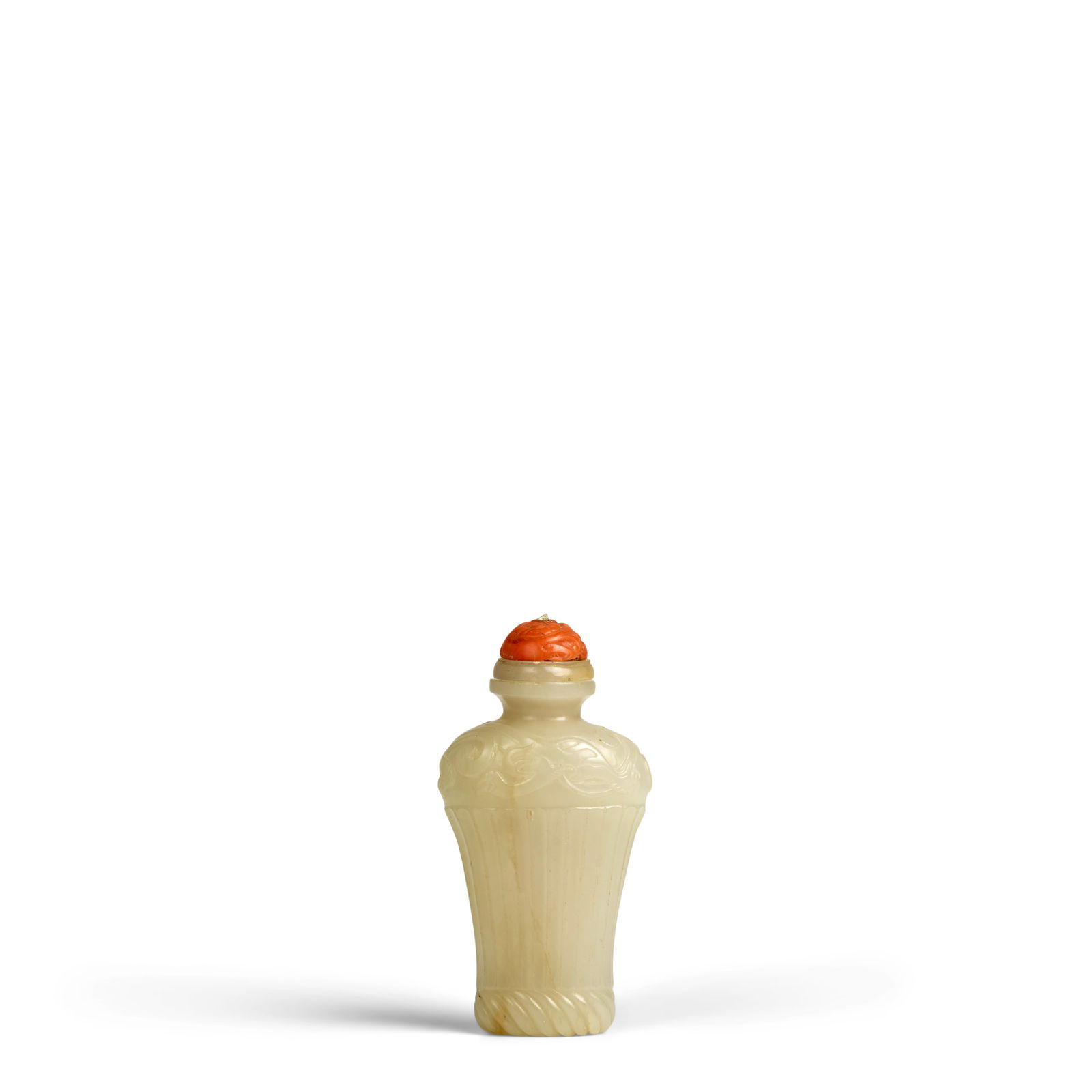 A WHITE JADE MEIPING-FORM 'DRAGON AMIDST FLAMES' SNUFF BOTTLE 1750-1820: A WHITE JADE MEIPING-FORM 'DRAGON AMIDST FLAMES' SNUFF BOTTLE1750-1820Of flattened meiping form, carved in mid-relief with a single horned two-clawed dragon amidst flames on the shoulder, carved in