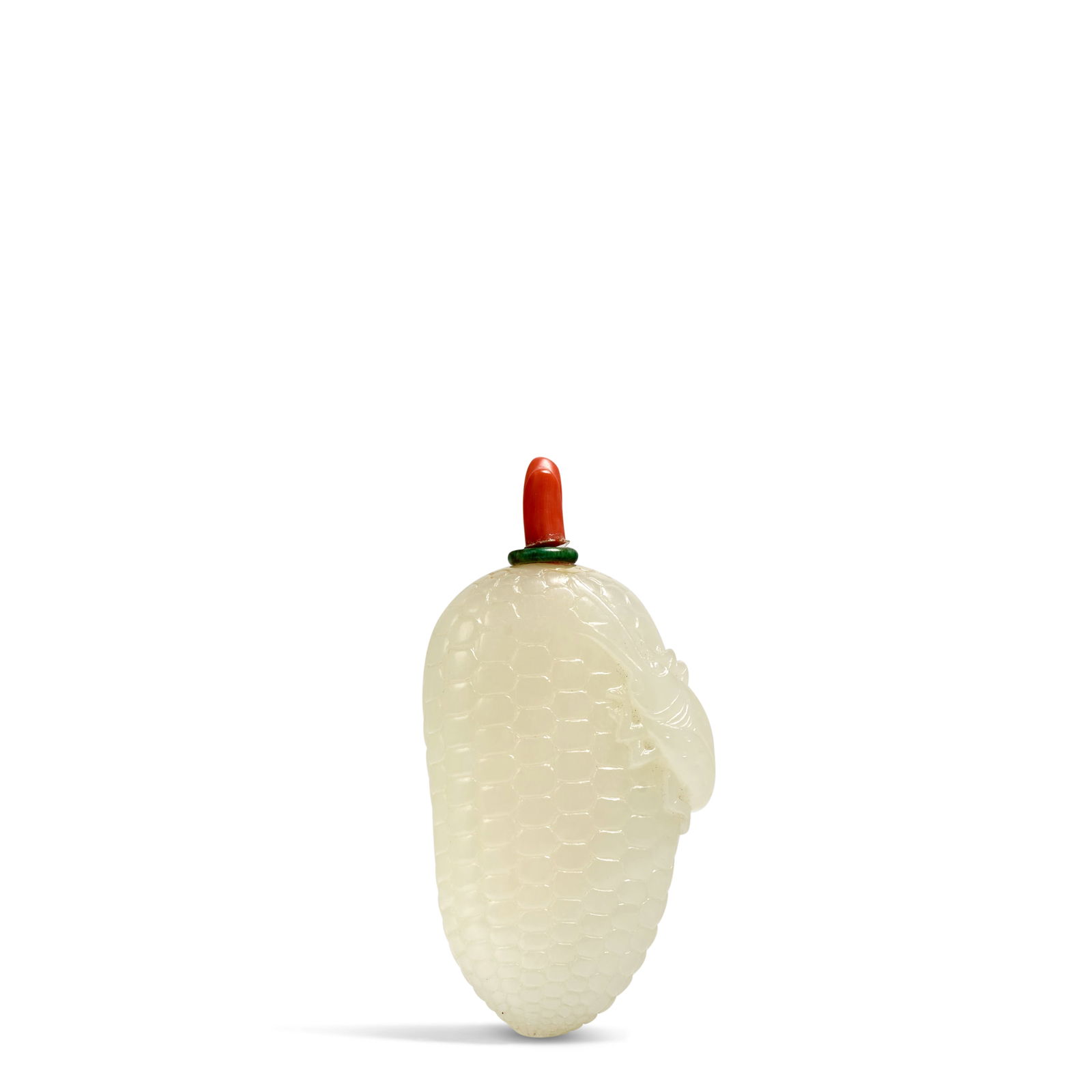A PURE WHITE JADE 'CORN EAR AND BEETLE' SNUFF BOTTLE 1790-1880: A PURE WHITE JADE 'CORN EAR AND BEETLE' SNUFF BOTTLE1790-1880Of naturalistic shape, with a spotted beetle clambering to one narrow edge and with a finely detailed husk to the other, all below a small