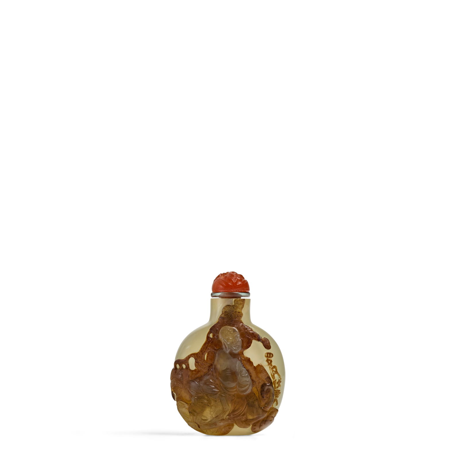 A RELIEF-CARVED SHADOW AGATE 'FUHU LUOHAN' SNUFF BOTTLE 1780-1850, possibly Suzhou, School of Z... (1 of 1)