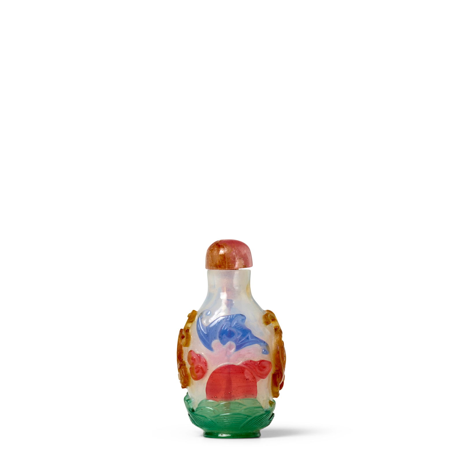 A FOUR-COLORED OVERLAY SEMI-TRANSPARENT GLASS 'DAOIST-SUBJECT' SNUFF BOTTLE 1750-1830: A FOUR-COLORED OVERLAY SEMI-TRANSPARENT GLASS 'DAOIST-SUBJECT' SNUFF BOTTLE 1750-1830 Of small oval-form shape, carved through transparent overlays of pinkish-red, purplish-blue and orangish-yellow wi
