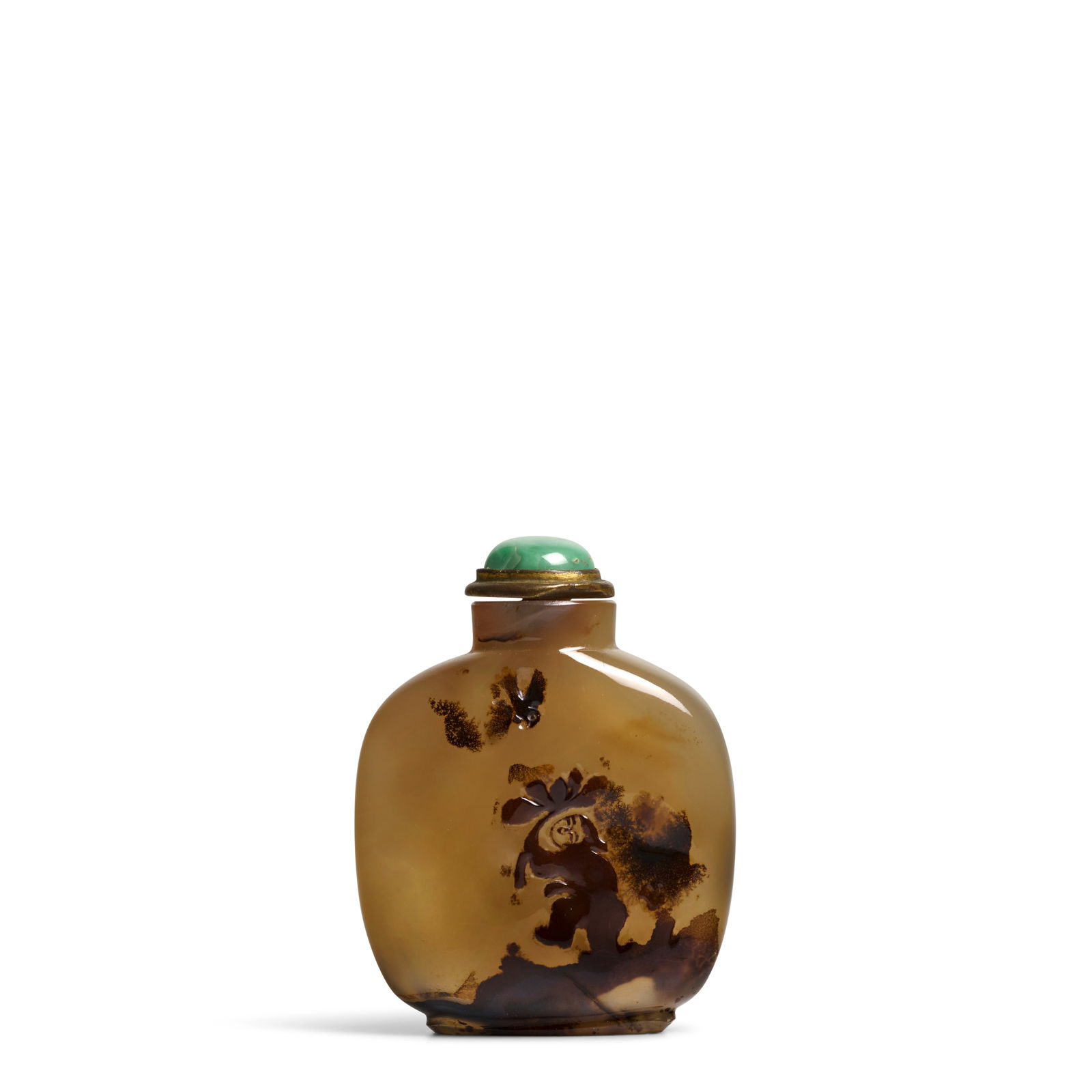 A LARGE SHADOW AGATE 'BOY HOLDING LOTUS' SNUFF BOTTLE 1770-1870, Official School (1 of 1)
