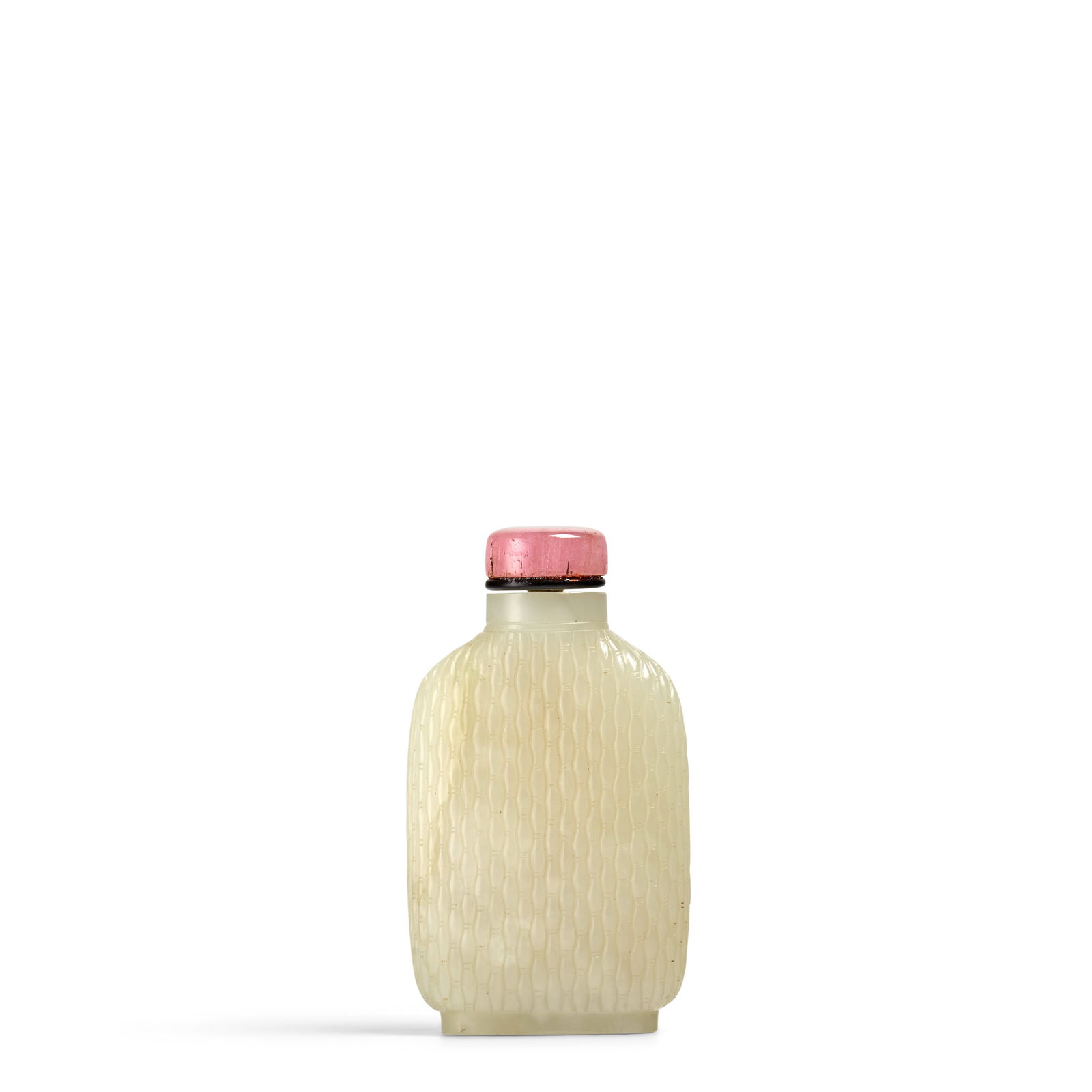 A JADE 'BASKET-WEAVE' SNUFF BOTTLE 1770-1870: A JADE 'BASKET-WEAVE' SNUFF BOTTLE 1770-1870 Of rounded rectangular form, intricately carved with a bamboo weave, the stone of a slightly yellowish tone, under a straight neck with flat rim and regula