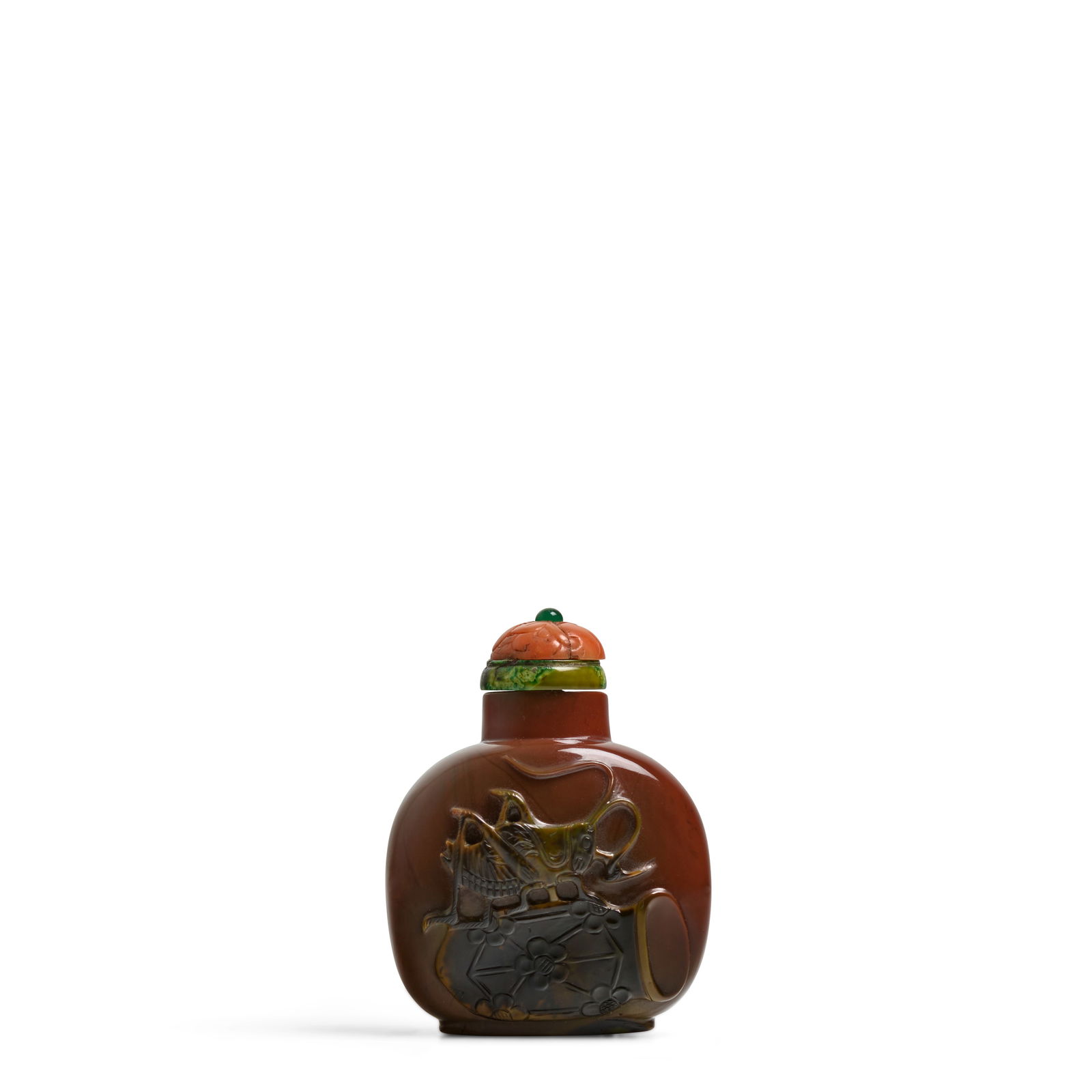 A MULTI-COLOR JASPER 'CRICKET ON CAGE' SNUFF BOTTLE 1770-1870 (1 of 1)