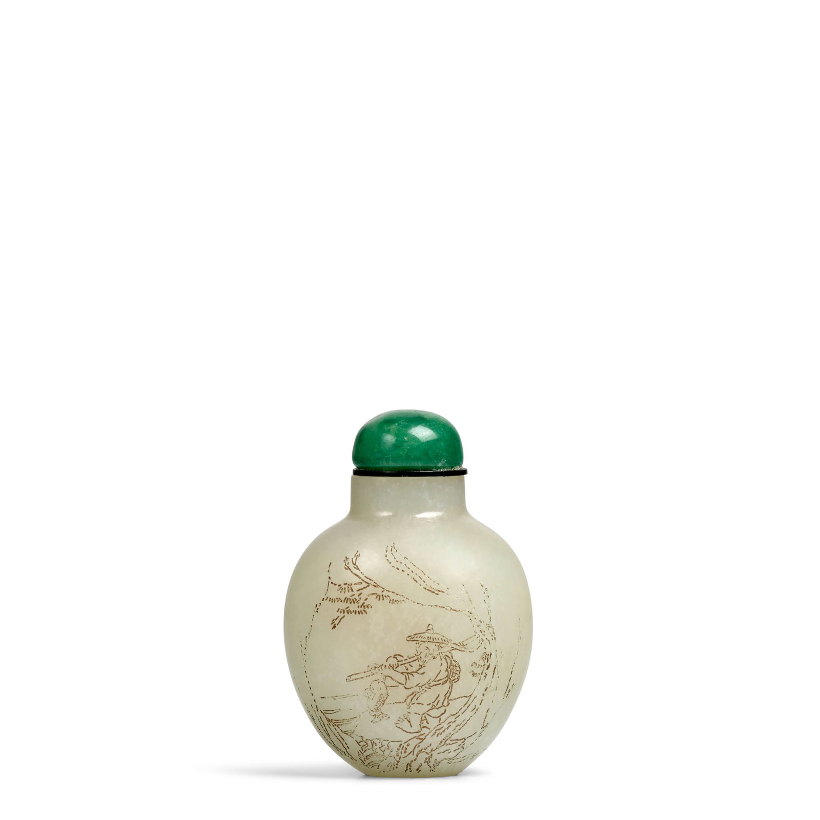 AN INCISED AND GILT WHITE JADE BULBOUS SPADE-SHAPED 'FISHERMAN' SNUFF BOTTLE 1750-1830 (1 of 1)