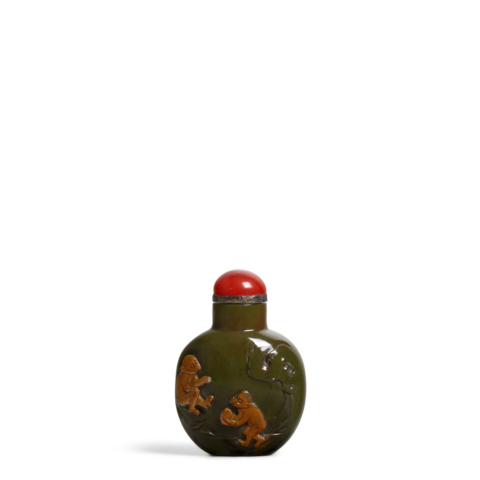 A MULTI-COLOR SPADE-SHAPED JASPER 'MONKEY'S AND PEACH' SNUFF BOTTLE 1760-1850 (1 of 1)