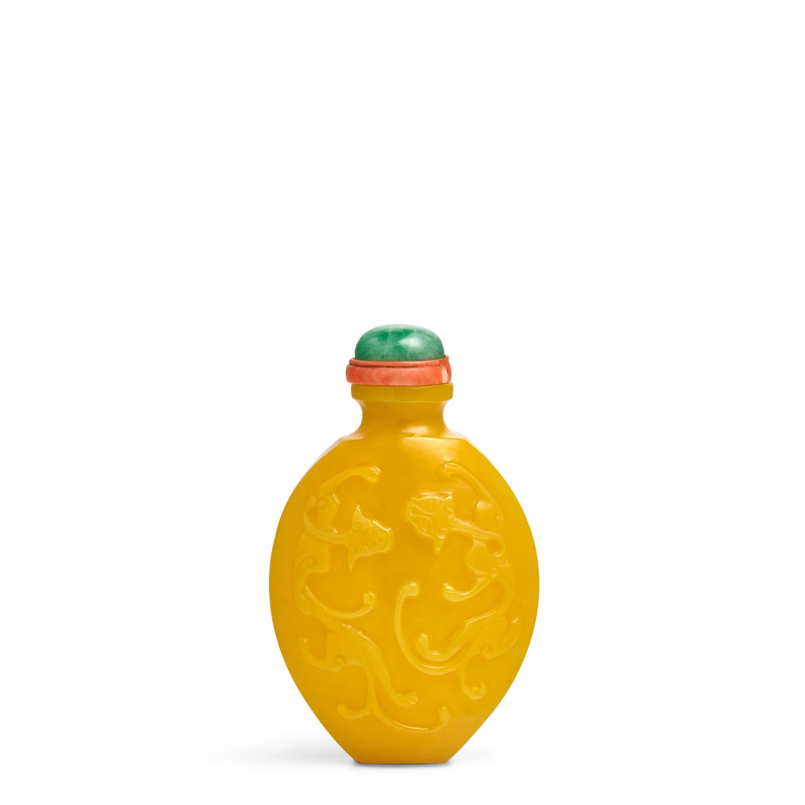 A LARGE DARK-LEMON YELLOW GLASS FACETTED OVOID 'CHILONG' SNUFF BOTTLE 1780-1850 (1 of 1)