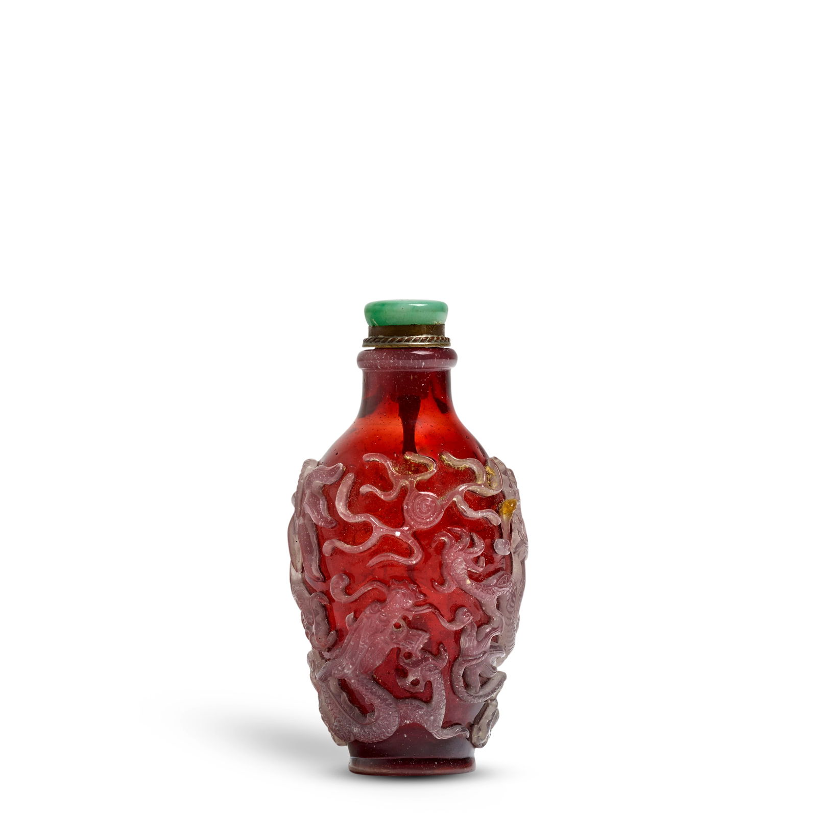 AN UNUSUAL, LARGE MISTY-GLASS OVERLAY AND TRANSPARENT RED GLASS 'DRAGONS CONTESTING A PEARL' SNU... (1 of 1)