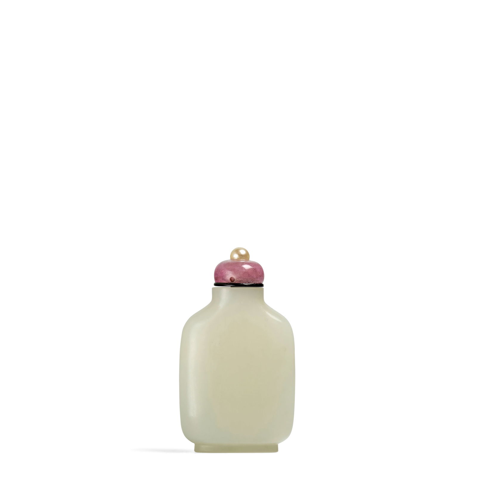 A PLAIN ROUNDED RECTANGULAR WHITE JADE SNUFF BOTTLE 1750-1800: A PLAIN ROUNDED RECTANGULAR WHITE JADE SNUFF BOTTLE 1750-1800 Supported on a very slightly spreading flat oval foot ring and with sloping shoulders leading to a short cylindrical neck with flat rim an