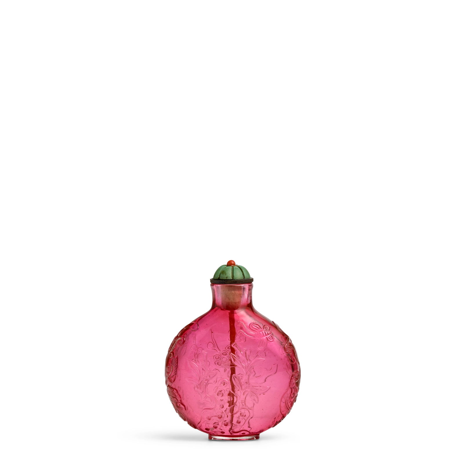 A RARE TRANSPARENT PALE RUBY-PINK 'CARVED' GLASS SNUFF BOTTLE 1730-1780, possibly Imperial work...: A RARE TRANSPARENT PALE RUBY-PINK 'CARVED' GLASS SNUFF BOTTLE 1730-1780, possibly Imperial workshops One main face carved in low relief with a wasp above bamboo and rockwork, the other with spring blo