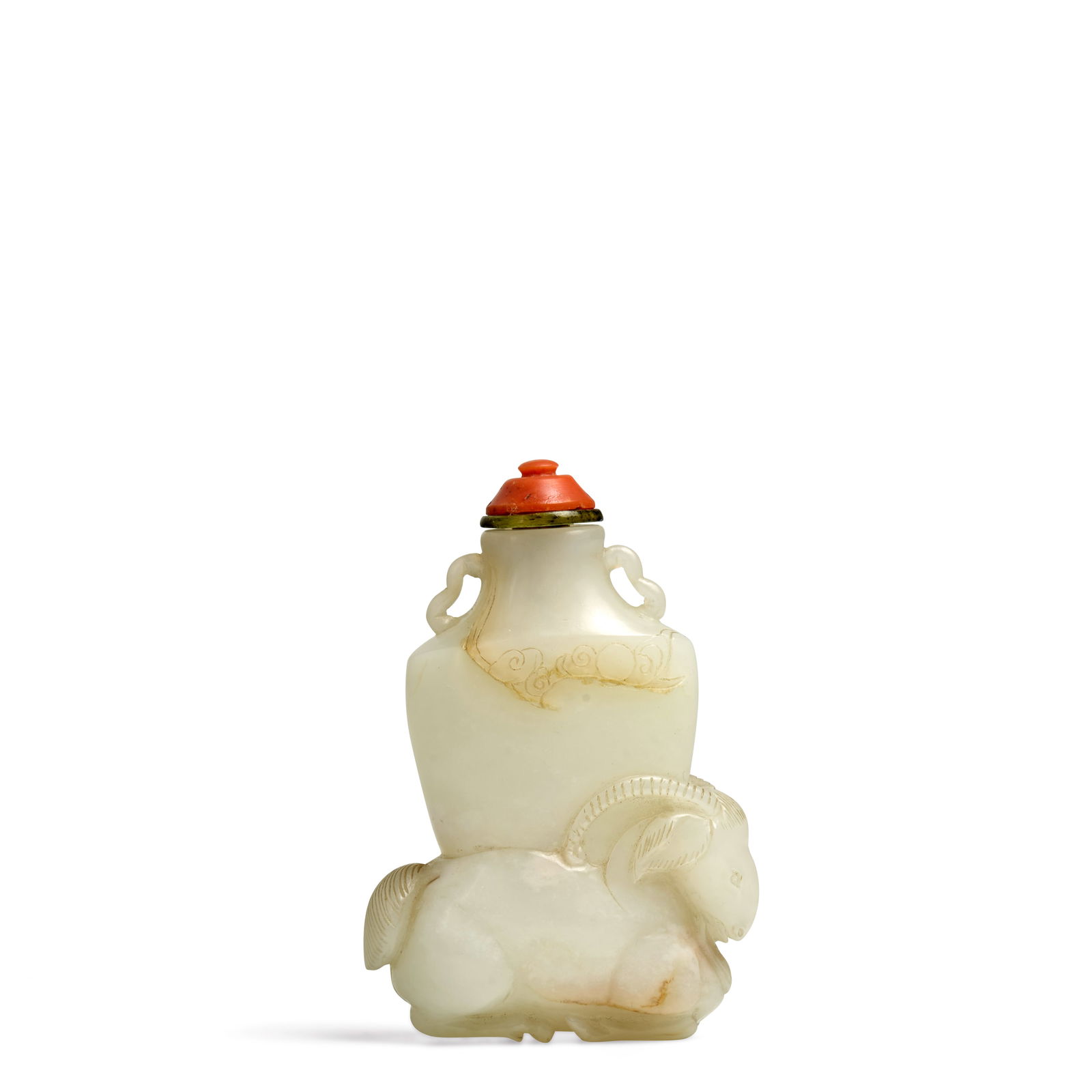 A WHITE AND RUSSET JADE 'RAM AND VASE' SNUFF BOTTLE 1770-1840 (1 of 1)